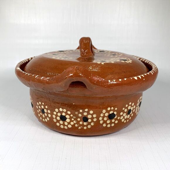 Primitive Covered Dish Tonala Terracotta Lid Hand Painted Mexico Rustic Vintage - Picture 5 of 7
